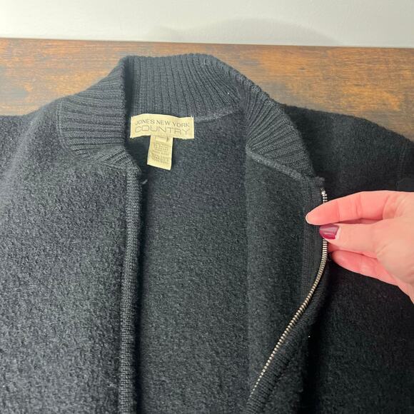 Vintage Black Boucle Wool Bomber Jacket Full Zip Womens Small Pockets Streetwear - Picture 8 of 11